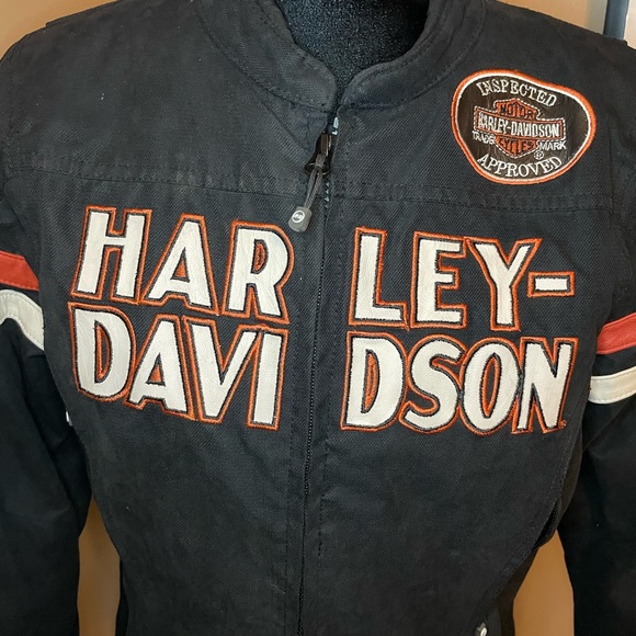Like New, Women’s Harley Davidson, size small, black and orange riding jacket. - Picture 10 of 15